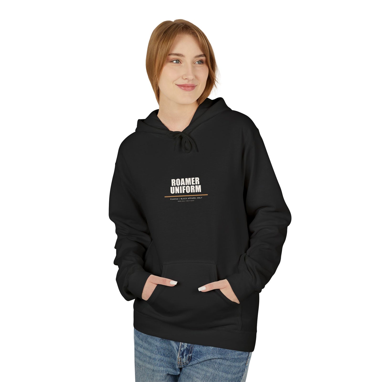 PUAKSAI NOFO Signature Hoodie Black — side view, kangaroo pocket